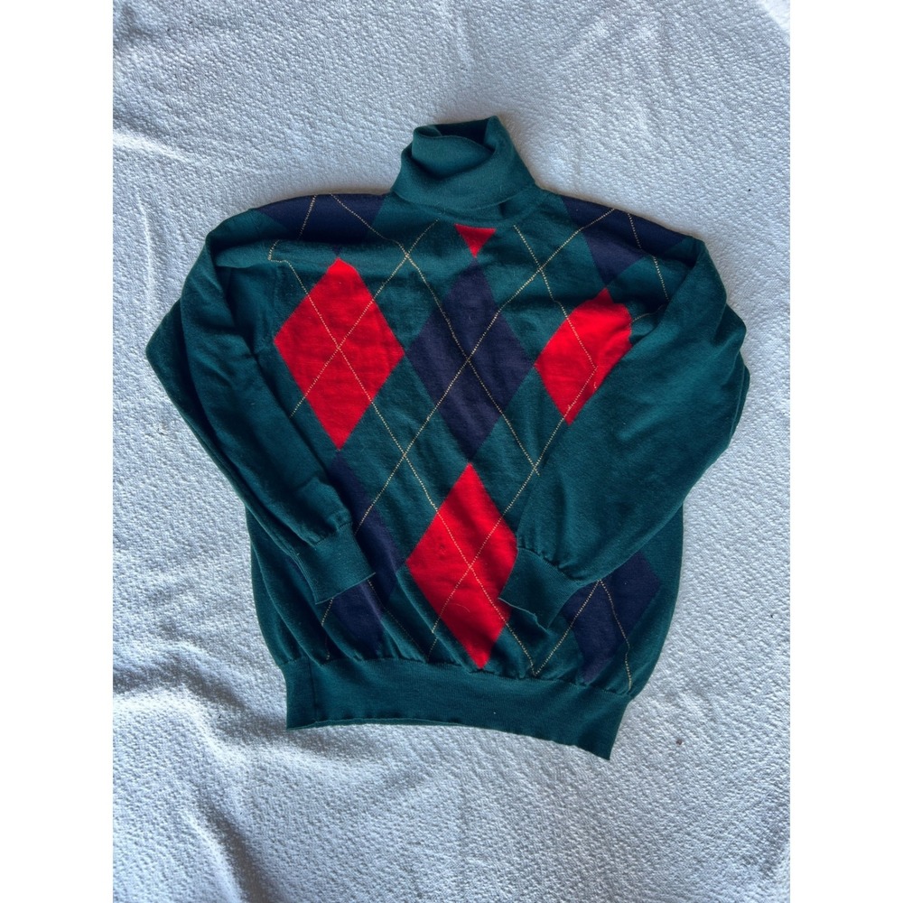 Pringle of Scotland Mens Argyle Turtleneck Sweater Green Wool Made in Scotland
